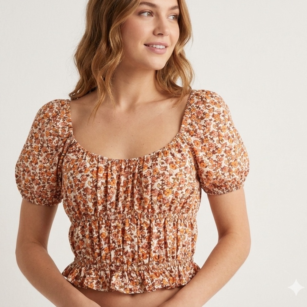 BOG COLLECTIVE floral Puff Sleeves CROP TOP MEDIUM Bohemian Cottagecore WOMENS